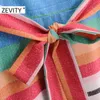Zevity Frauen Vintage V-ausschnitt Bunte Gestreifte Druck Patchwork Bogen Schärpen Midi Kleid Weibliche Urlaub Stil Chic Vestido DS4591 210603