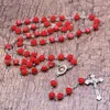 Blauw / roze / rood kristal rozenkrans ketting lange kruis hanger voor mannen vrouwen religieuze sieraden