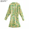 Zevity Women Vintage Floral Print Casual Slim Mini Shirt Klänning Kvinna Chic Långärmad Bow Tied Wrap Kimono Vestidos DS83 210623