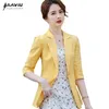 Gul Stripe Blazer Kvinnor Casual Thin Summer Fashion Formal Half Sleeve Slim Jacket Office Ladies Work Coat 210604