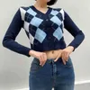 Argyle Button-Down cardigan lavorato a maglia maglioni per le donne manica lunga inverno moda autunno vestiti cappotto coreano crop top femal 210415