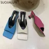 SUOJIALUN 2021 New Brand Low Heels Women Slippers Ladies Elegant Peep Toe Mule Summer Outdoor Beach Sandal Shoes Casual Slides K78