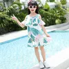 Family Matching Outfits Fashion Off Shoulder Tassel Mother Daughter Dresses Green Leaf Print Mama Mom and Sundress 210724