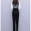 Autumn Fashion Elegant Two Piece Set Women Plus Size Long Sleeve Lace Patchwork Tunic Tops And Elastic Waist Pencil Pants Korean 210513