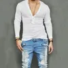 Yeni Stil Sıcak Moda Erkekler Rahat Kol Slim Fit Gömlek Derin V Boyun Uzun Çizgi Gömlek Üst T-Shirt