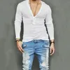 Novo Estilo Hot Moda Homens Casual Sleeve Slim Fit CAMIST CAMISAS DE PROFUNDA VOLTAÇÃO DE VOLTANTE LONGO TOP T-shirt