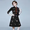 Vintage Golden Star Embroidery Autumn Spring Women Elegant Mandarin Collar Buckle Wrist Sleeve Female A-line Dress Vestido 210416