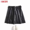 Tangada autumn winter women black faux leather skirts with belt decorate zipper female mini skirt 4C75 211120
