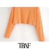 Femmes Mode Lâche Recadrée Orange Chandail Tricoté Vintage O Cou À Manches Longues Femme Pulls Chic Tops 210507