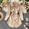 Spring Autumn Women Short Tunic Shirt High Waist Draped Single Breasted Elegant Office Lady Mini Dress 210415