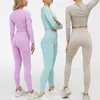 2/3 Piece Set Women Ribbed Seamless Yoga Sets Workout Clothes for High Waist Sports Legging Long Sleeve Top and Crop Bra 210802