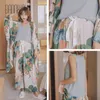 Bannirou 여자의 인쇄 잠옷 잠옷 세트 잠옷 100 % Viscose Sleepwear 여성의 밤 정장 잠옷은 새로운 4 조각 M-XL 210330을 설정합니다.