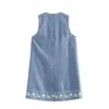 Women O Neck Embroidery Mini Dress Summer Sleeveless Loose Vintage Female Elegant Ladies Short es 210508