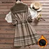 Mori Grube Grube Ciepłe Kobiety Vintage Sukienka Turn-Down Collar Plaid String Rejs Kobiet Vestidos Długi rękaw Elegancka tunika 210520