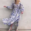 2020 Lente Zomer Boho Floral Print Lange Run Way Delegant Dames Lantaarn Lange Mouw DSring Losse Boheemse Maxi Jurken X0621