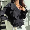 V-ausschnitt Rüschen Patch Drapierte Bluse Frauen Schlanke Taille Flare Langarm Solide Hemd Feminino Frühling Blusas Femme 210422