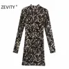 Zevity Women Vintage Stand Collar Leopard Print Slim Mini Dress Femme Långärmad Plats Vestido Chic Party Cloth DS4694 210603