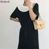 Elegant kontorsklänning för kvinnor smal kortärmad svart klänningar damer pläterad ruffle midi koreansk chic robe vestidos mujer 210519