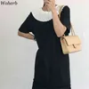 Vestido de escritório elegante para mulheres slim manga curta vestidos pretos senhoras plissado plissado midi coreano chique robe vestidos mujer 210519