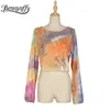 Tie Dye Związany Open Back Women T-shirt Jesień Moda O-Neck Z Długim Rękawem Crop Top Streetwear Kobieta Odzież 210510