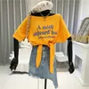 Kimutomo Letter Print Off Shoulder Women T-shirt Korea Chic Summer Ladies Loose Slash Neck Short Sleeve Tie Tops 210521