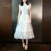 Summer Vintage Women Tulle Party Sleeveless White Lace Long Tunic Beach Dress 210415