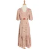 PERHAPS U Women Dress Pink V Neck Vintage Floral Embroidery Puff Sleeve Knee Length Dress Elegant D1232 210529