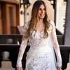 Custom Split Long Sleeves Lace Mermaid Wedding Dress Bridal Gowns Appliqued Court Train Tulle Bride Dresses with Overskirt