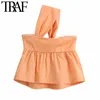 TRAF Femmes Sweet Fashion One épaule Bow Tid Blouses Vintage sans manches à volants Chemises féminines Blusas Chic Tops 210415