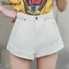 Streamgirl Denim-Shorts für Damen, weiß, kurze Jeans, Khaki, weites Bein, elastische Taille, Vintage, Hochsommer, 210724