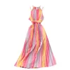 Lente temperament vestidos vrouwelijke strapless sling vierkante kraag regenboog gradiënt kleur afslanken vakantie Midi jurk C361 210507