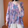 Camicette da donna Camicie Johnature Summer Floral Print Donna Top 2022 Casual con scollo a V Manica a nove quarti Viola Donna irregolare