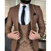 Bruin Business Men Past Slim Fit Mannelijke Mode Bruiloft Tuxedo voor Bruidegom Diner 3 Pieces Jacket Vest met Broek Formele Kostuum X0909