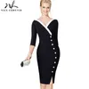 Nice-forever Mature Elegant Sexy V-neck Stylish Button Work dress Office Bodycon Female 3/4 Sleeve Sheath Woman Dress B335 210419