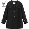 Fansilanen elegante preto 100% lã mistura casaco mulheres giram colarinho vintage inverno feminino cashmere longo mais de 210607