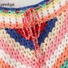 多色縞模様のニットかぎ針編みのショートパンツの女性巾着ウエストセクシーなフェムミホリデー夏のBoho Mujer Spodenki Damskie 210514