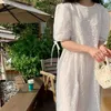 Korejpaa Women Dress Summer Korean Chic Fairy Temperature Soft Round Neck Lace Crochet Loose Bowknot Puff Sleeve Vestidos 210526