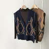 Début automne géométrique rétro tricoté gilet femme surdimensionné Base Match col en V simple boutonnage Cardigan femmes pour la mode 210520