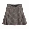 Women Autumn Plaid Pleated Skirts Sweet High waist Sashes Vintage Lining A-Line Female Street Mini Skirt Clothing 210513
