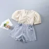 2-7 Years High Quality Summer Girl Clothing Set Fashion Solid Shirt + Jeans Kid Children Girls Clothes 210615
