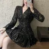 Black Women Sexy Club Mini Short Dress Long Sleeve Deep V Neck Chic Korean Party Girls Spring Autumn Vestidos Robe Femme 210514