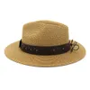 Zomer Panama Zonhoeden voor Vrouwen Mannen Strand Strohoed met Ox Head Lederen Band Mode UV Sun Protection Travel Jazz Cap