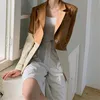 Aelegantmis kvinnor brun faux läder blazer coat vintage färg patchwork kvinnlig pu blzer jacka streetwear mode toppar 210607