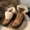 Real Leather Snow Boots Woman Med Heel Ankle Platform Thick Short Zip Ladies Shoes Fur Winter Brown 41 210517 GAI