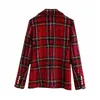 Tweed Red Plaid Women Jacket Blazers Vintage Jackor Kvinna Patchwork Lapel Blazer Coats Chic Outfit Kläder 210430