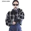 Short Black Gray Check Plaid Shirt Korea Clothing Retro Woman Lapel Long sleeve Cropped Blouse Tops Y2K Blousas 210721