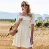 Spring Fit and Flare Slash Neck White Solid Draped Ruffle Casual Women's Dress 210524