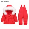 Mudkingdom Winter Boys Coat Fur Collar Down Jacket för tjejer Tjock Jumpsuit Kids Baby Snowwsuit Toddler Overall Set 210615
