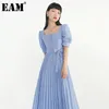 [EAM] Women Buttons Sashes Backless Pleated Dress Square Neck Puff Short Sleeve Fit Fashion Spring Summer 1DD8301 210512