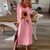 Sunflower 3D Print Split Summer Autumn Dress Women Elegant White Long Sleeve Plus Size Maxi Dresses for Women Vestidos 210715